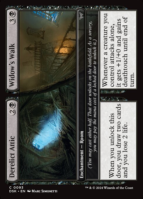 When you unlock this door, you draw two cards and you lose 2 life.
(You may cast either half. That door unlocks on the battlefield. As a sorcery, you may pay the mana cost of a locked door to unlock it.) Whenever a creature you control attacks alone, it gets +1/+0 and gains deathtouch until end of turn.
(You may cast either half. That door unlocks on the battlefield. As a sorcery, you may pay the mana cost of a locked door to unlock it.)
