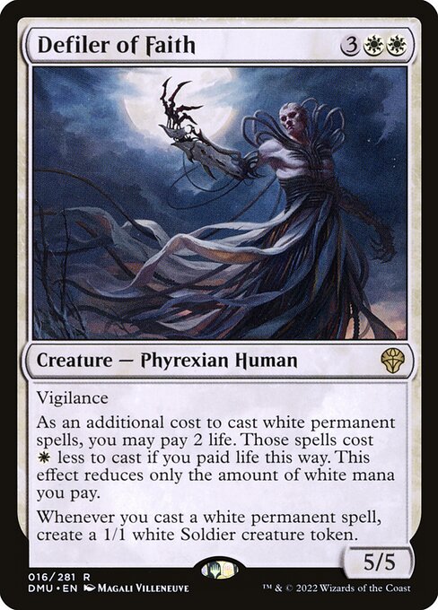 Vigilance
As an additional cost to cast white permanent spells, you may pay 2 life. Those spells cost {W} less to cast if you paid life this way. This effect reduces only the amount of white mana you pay.
Whenever you cast a white permanent spell, create a 1/1 white Soldier creature token.
