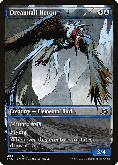 Mutate {3}{U} (If you cast this spell for its mutate cost, put it over or under target non-Human creature you own. They mutate into the creature on top plus all abilities from under it.)
Flying
Whenever this creature mutates, draw a card.