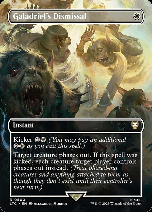 Kicker {2}{W} (You may pay an additional {2}{W} as you cast this spell.)
Target creature phases out. If this spell was kicked, each creature target player controls phases out instead. (Treat phased-out creatures and anything attached to them as though they don't exist until their controller's next turn.)