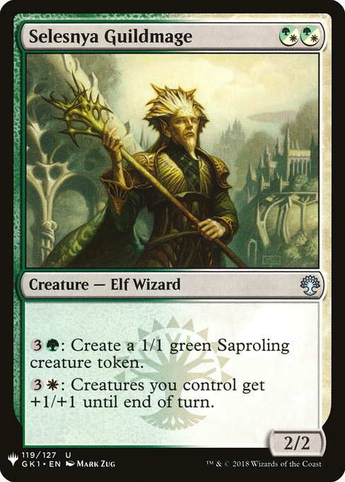 {3}{G}: Create a 1/1 green Saproling creature token.
{3}{W}: Creatures you control get +1/+1 until end of turn.