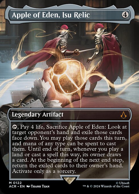 {T}, Pay 4 life, Sacrifice Apple of Eden: Look at target opponent's hand and exile those cards face down. You may play those cards this turn, and mana of any type can be spent to cast them. Until end of turn, whenever you play a land or cast a spell this way, its owner draws a card. At the beginning of the next end step, return the exiled cards to their owner's hand. Activate only as a sorcery.