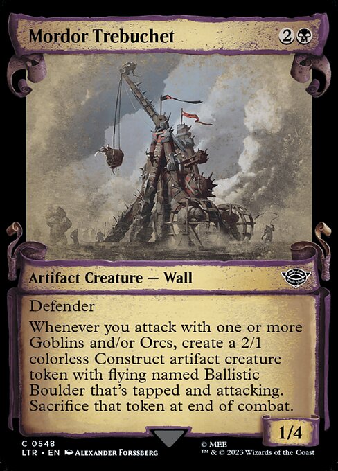 Defender
Whenever you attack with one or more Goblins and/or Orcs, create a 2/1 colorless Construct artifact creature token with flying named Ballistic Boulder that's tapped and attacking. Sacrifice that token at end of combat.