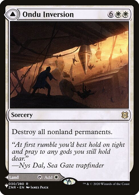 Destroy all nonland permanents. Ondu Skyruins enters the battlefield tapped.
{T}: Add {W}.