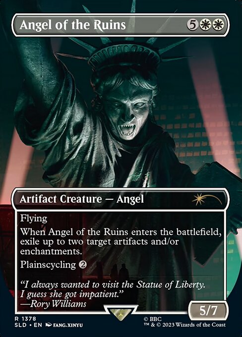 Flying
When Angel of the Ruins enters the battlefield, exile up to two target artifacts and/or enchantments.
Plainscycling {2} ({2}, Discard this card: Search your library for a Plains card, reveal it, put it into your hand, then shuffle.)