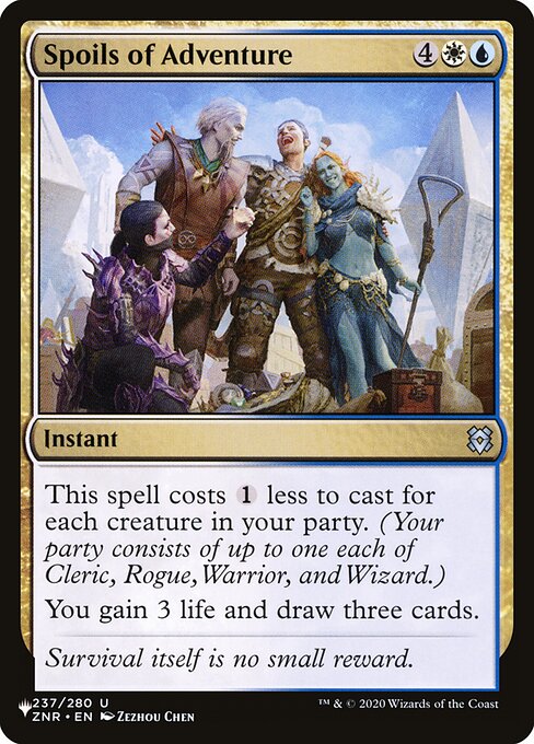 This spell costs {1} less to cast for each creature in your party. (Your party consists of up to one each of Cleric, Rogue, Warrior, and Wizard.)
You gain 3 life and draw three cards.