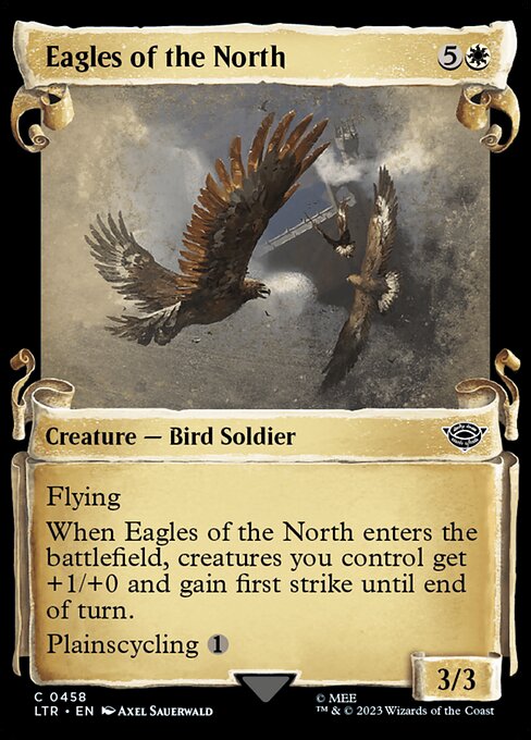 Flying
When Eagles of the North enters the battlefield, creatures you control get +1/+0 and gain first strike until end of turn.
Plainscycling {1} ({1}, Discard this card: Search your library for a Plains card, reveal it, put it into your hand, then shuffle.)