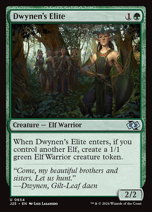 When this creature enters, if you control another Elf, create a 1/1 green Elf Warrior creature token.