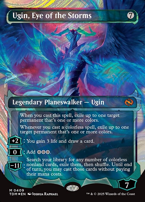 When you cast this spell, exile up to one target permanent that's one or more colors.
Whenever you cast a colorless spell, exile up to one target permanent that's one or more colors.
+2: You gain 3 life and draw a card.
0: Add {C}{C}{C}.
−11: Search your library for any number of colorless nonland cards, exile them, then shuffle. Until end of turn, you may cast those cards without paying their mana costs.