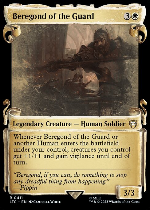 Whenever Beregond of the Guard or another Human enters the battlefield under your control, creatures you control get +1/+1 and gain vigilance until end of turn.