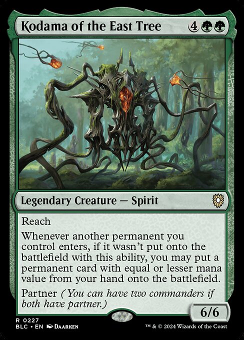 Reach
Whenever another permanent enters the battlefield under your control, if it wasn't put onto the battlefield with this ability, you may put a permanent card with equal or lesser mana value from your hand onto the battlefield.
Partner (You can have two commanders if both have partner.)