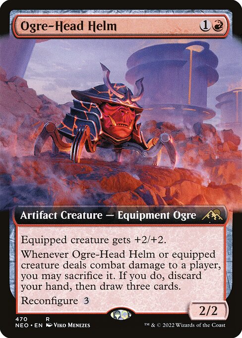 Equipped creature gets +2/+2.
Whenever Ogre-Head Helm or equipped creature deals combat damage to a player, you may sacrifice it. If you do, discard your hand, then draw three cards.
Reconfigure {3} ({3}: Attach to target creature you control; or unattach from a creature. Reconfigure only as a sorcery. While attached, this isn't a creature.)