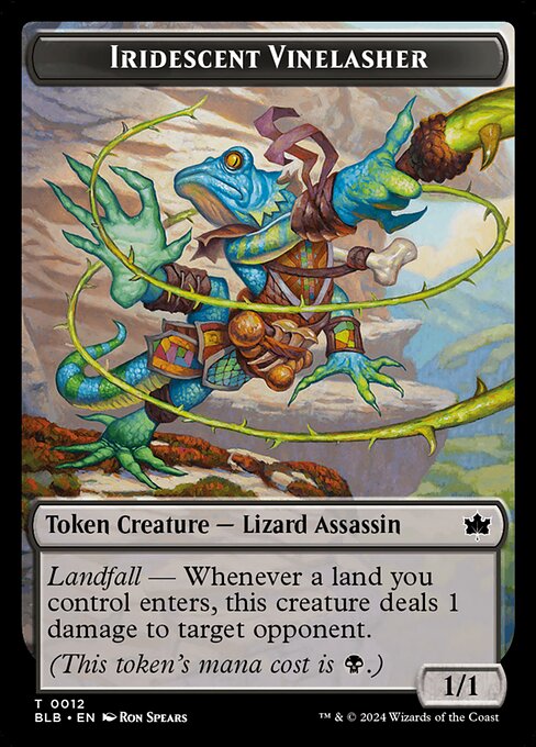 Landfall — Whenever a land you control enters, this creature deals 1 damage to target opponent.
(This token's mana cost is {B}.)