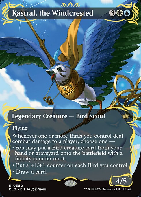 Flying
Whenever one or more Birds you control deal combat damage to a player, choose one —
• You may put a Bird creature card from your hand or graveyard onto the battlefield with a finality counter on it.
• Put a +1/+1 counter on each Bird you control.
• Draw a card.