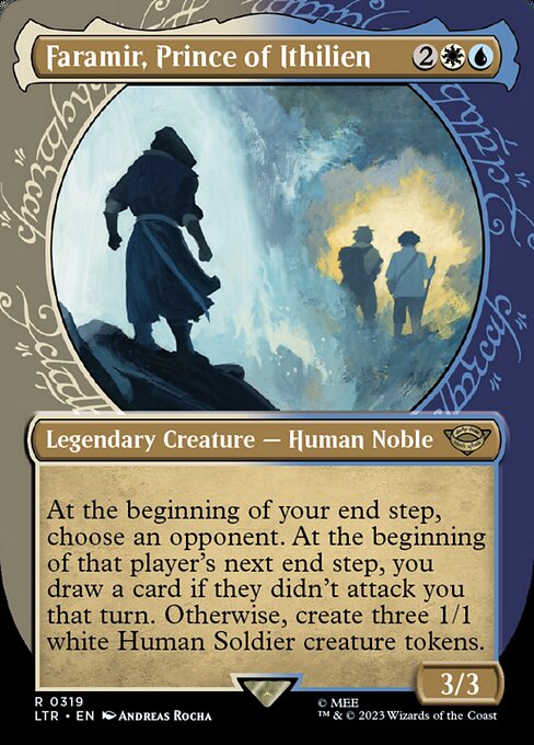 At the beginning of your end step, choose an opponent. At the beginning of that player's next end step, you draw a card if they didn't attack you that turn. Otherwise, create three 1/1 white Human Soldier creature tokens.