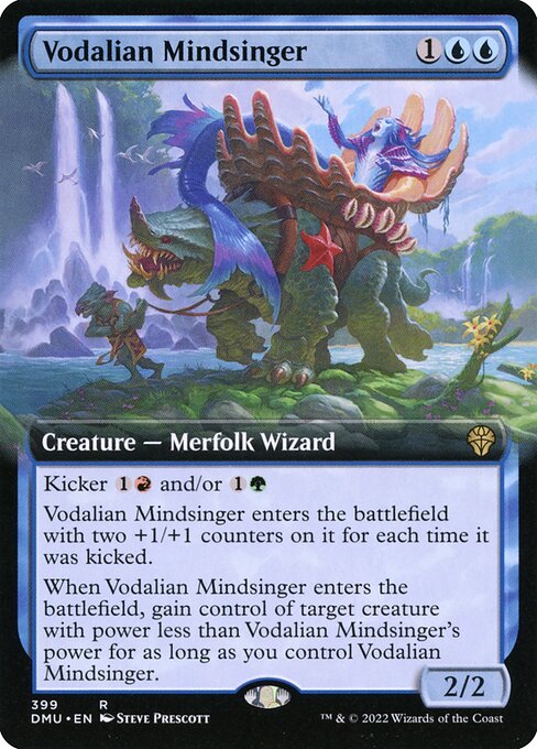 Kicker {1}{R} and/or {1}{G}
Vodalian Mindsinger enters the battlefield with two +1/+1 counters on it for each time it was kicked.
When Vodalian Mindsinger enters the battlefield, gain control of target creature with power less than Vodalian Mindsinger's power for as long as you control Vodalian Mindsinger.