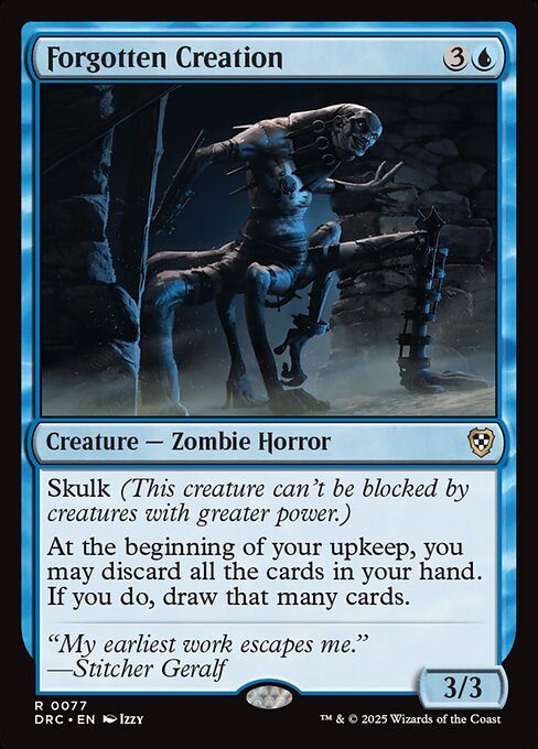 Skulk (This creature can't be blocked by creatures with greater power.)
At the beginning of your upkeep, you may discard all the cards in your hand. If you do, draw that many cards.