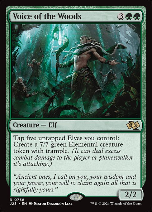 Tap five untapped Elves you control: Create a 7/7 green Elemental creature token with trample. (It can deal excess combat damage to the player or planeswalker it's attacking.)
