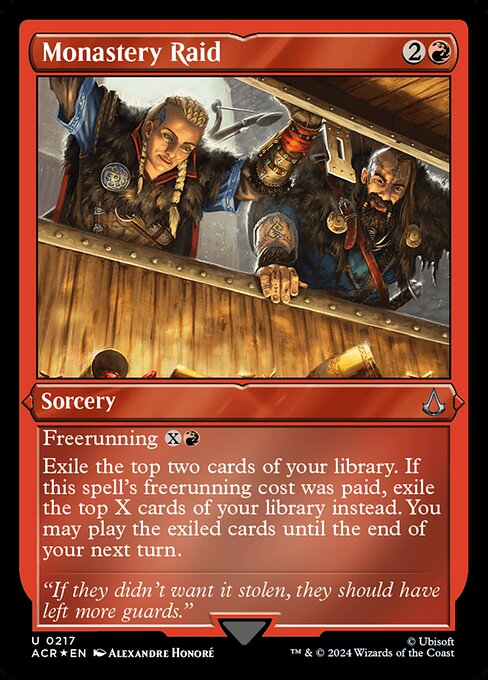 Freerunning {X}{R} (You may cast this spell for its freerunning cost if you dealt combat damage to a player this turn with an Assassin or commander.)
Exile the top two cards of your library. If this spell's freerunning cost was paid, exile the top X cards of your library instead. You may play the exiled cards until the end of your next turn.