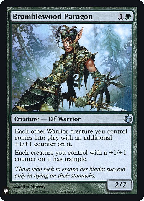 Each other Warrior creature you control enters the battlefield with an additional +1/+1 counter on it.
Each creature you control with a +1/+1 counter on it has trample.