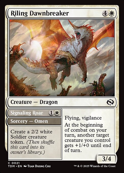 Flying, vigilance
At the beginning of combat on your turn, another target creature you control gets +1/+0 until end of turn.   Create a 2/2 white Soldier creature token. (Then shuffle this card into its owner's library.)