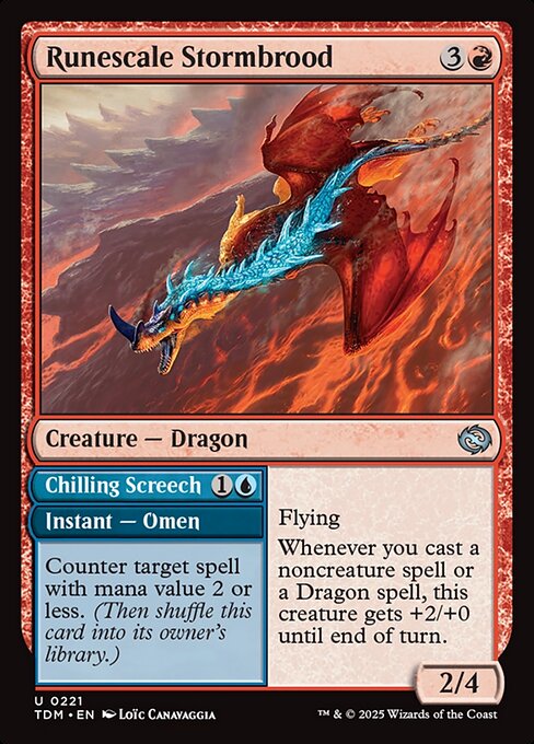 Flying
Whenever you cast a noncreature spell or a Dragon spell, this creature gets +2/+0 until end of turn.   Counter target spell with mana value 2 or less. (Then shuffle this card into its owner's library.)
