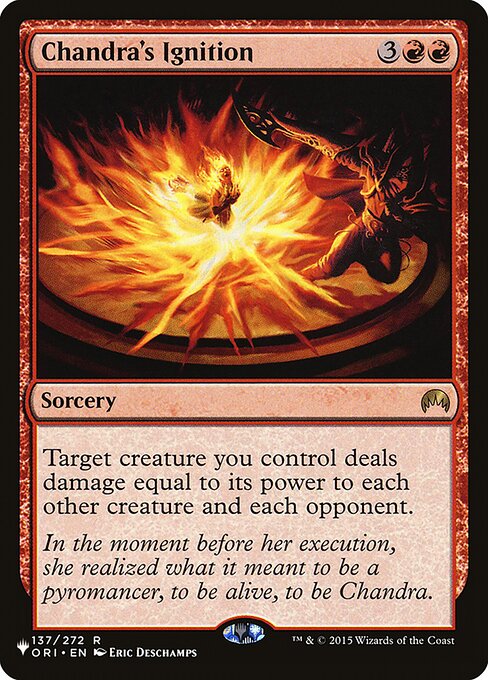 Target creature you control deals damage equal to its power to each other creature and each opponent.