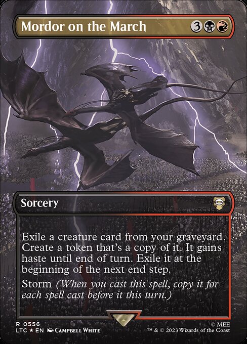 Exile a creature card from your graveyard. Create a token that's a copy of it. It gains haste until end of turn. Exile it at the beginning of the next end step.
Storm (When you cast this spell, copy it for each spell cast before it this turn.)