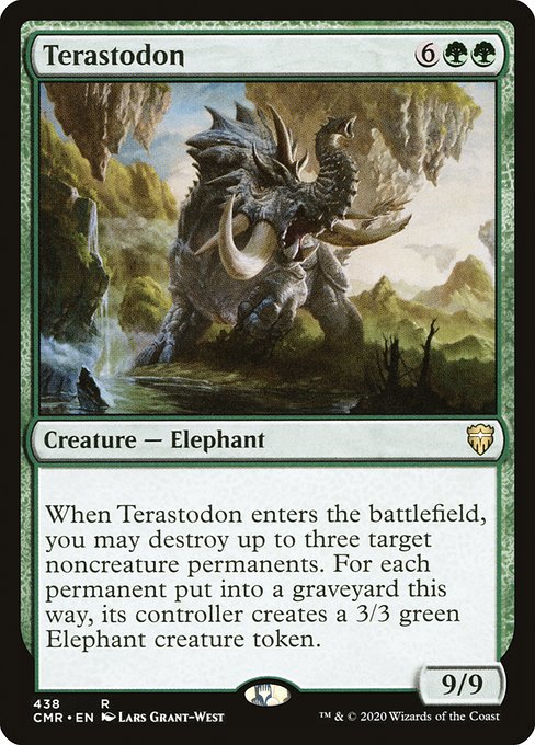 When Terastodon enters the battlefield, you may destroy up to three target noncreature permanents. For each permanent put into a graveyard this way, its controller creates a 3/3 green Elephant creature token.