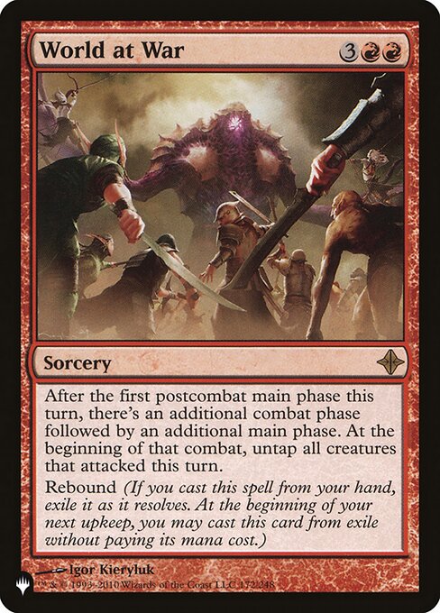 After the first postcombat main phase this turn, there's an additional combat phase followed by an additional main phase. At the beginning of that combat, untap all creatures that attacked this turn.
Rebound (If you cast this spell from your hand, exile it as it resolves. At the beginning of your next upkeep, you may cast this card from exile without paying its mana cost.)