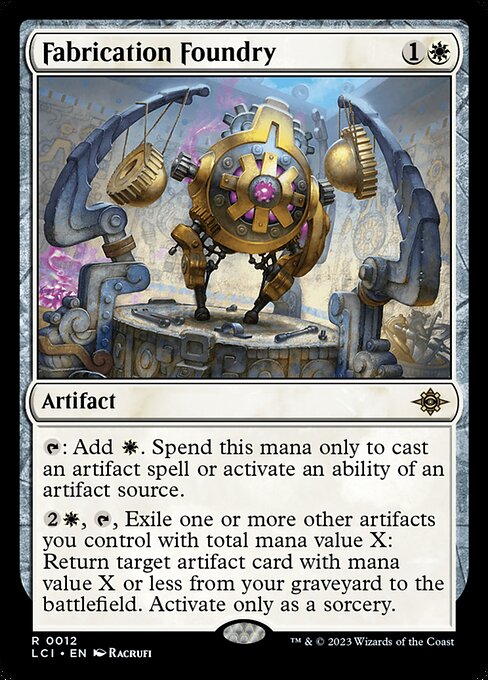 {T}: Add {W}. Spend this mana only to cast an artifact spell or activate an ability of an artifact source.
{2}{W}, {T}, Exile one or more other artifacts you control with total mana value X: Return target artifact card with mana value X or less from your graveyard to the battlefield. Activate only as a sorcery.