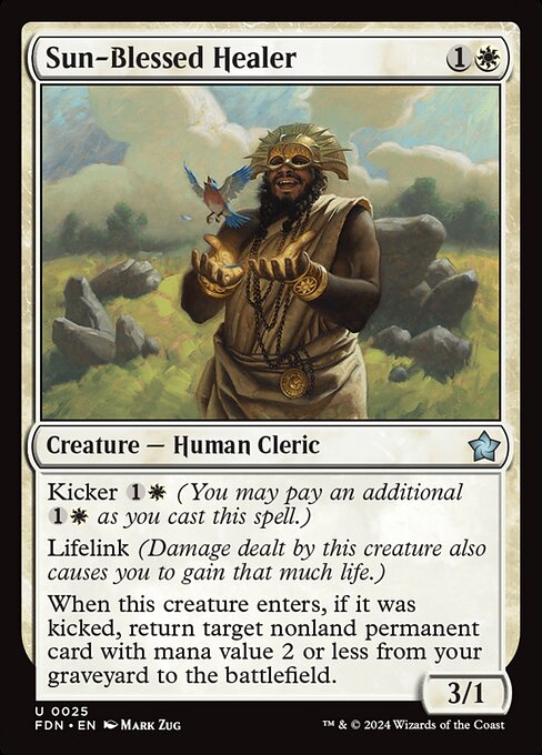 Kicker {1}{W} (You may pay an additional {1}{W} as you cast this spell.)
Lifelink (Damage dealt by this creature also causes you to gain that much life.)
When this creature enters, if it was kicked, return target nonland permanent card with mana value 2 or less from your graveyard to the battlefield.