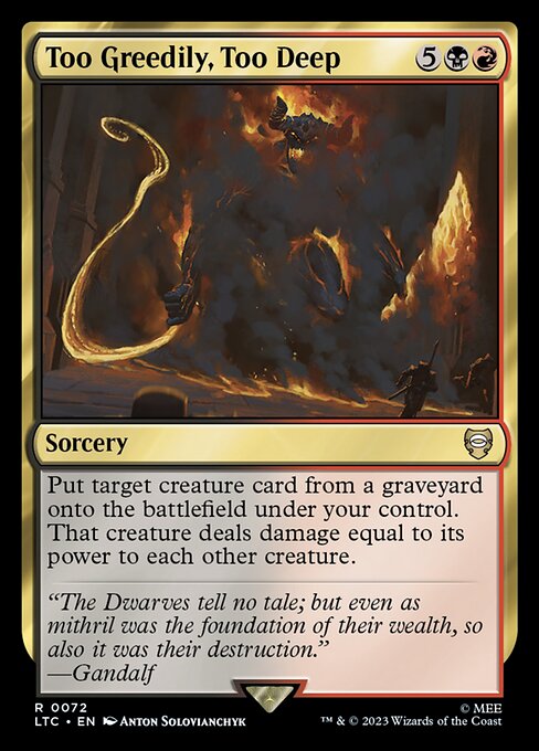 Put target creature card from a graveyard onto the battlefield under your control. That creature deals damage equal to its power to each other creature.