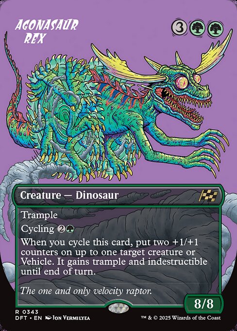Trample
Cycling {2}{G} ({2}{G}, Discard this card: Draw a card.)
When you cycle this card, put two +1/+1 counters on up to one target creature or Vehicle. It gains trample and indestructible until end of turn.