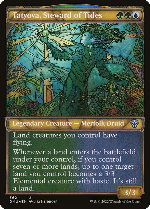 Land creatures you control have flying.
Whenever a land enters the battlefield under your control, if you control seven or more lands, up to one target land you control becomes a 3/3 Elemental creature with haste. It's still a land.