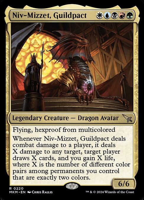 Flying, hexproof from multicolored
Whenever Niv-Mizzet, Guildpact deals combat damage to a player, it deals X damage to any target, target player draws X cards, and you gain X life, where X is the number of different color pairs among permanents you control that are exactly two colors.