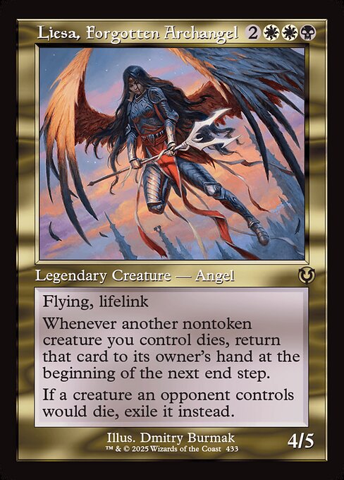 Flying, lifelink
Whenever another nontoken creature you control dies, return that card to its owner's hand at the beginning of the next end step.
If a creature an opponent controls would die, exile it instead.