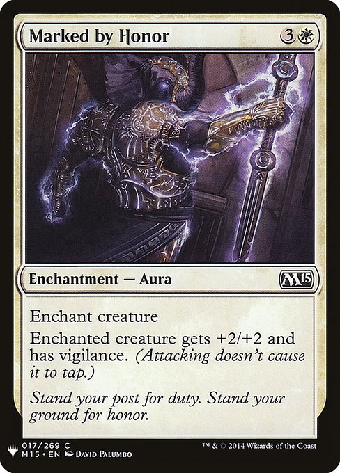 Enchant creature
Enchanted creature gets +2/+2 and has vigilance. (Attacking doesn't cause it to tap.)