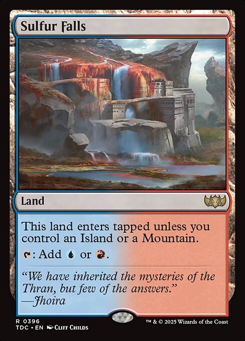 This land enters tapped unless you control an Island or a Mountain.
{T}: Add {U} or {R}.
