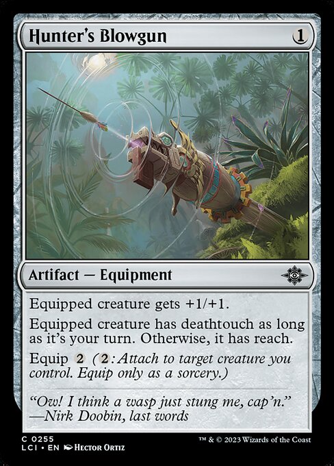 Equipped creature gets +1/+1.
Equipped creature has deathtouch as long as it's your turn. Otherwise, it has reach.
Equip {2} ({2}: Attach to target creature you control. Equip only as a sorcery.)