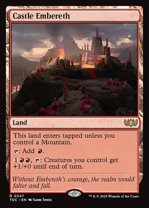 This land enters tapped unless you control a Mountain.
{T}: Add {R}.
{1}{R}{R}, {T}: Creatures you control get +1/+0 until end of turn.