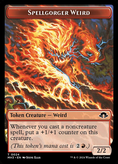 Whenever you cast a noncreature spell, put a +1/+1 counter on this creature.
(This token's mana cost is {2}{R}.)