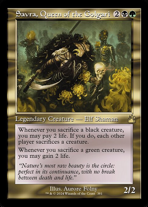 Whenever you sacrifice a black creature, you may pay 2 life. If you do, each other player sacrifices a creature.
Whenever you sacrifice a green creature, you may gain 2 life.