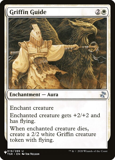 Enchant creature
Enchanted creature gets +2/+2 and has flying.
When enchanted creature dies, create a 2/2 white Griffin creature token with flying.