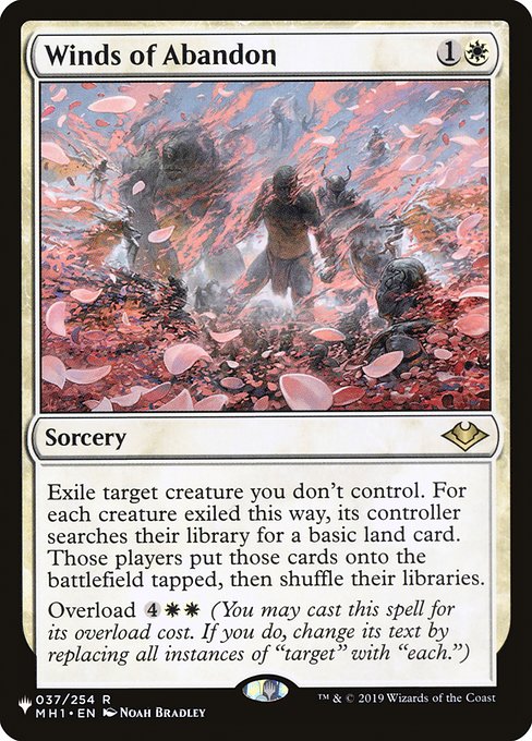 Exile target creature you don't control. For each creature exiled this way, its controller searches their library for a basic land card. Those players put those cards onto the battlefield tapped, then shuffle.
Overload {4}{W}{W} (You may cast this spell for its overload cost. If you do, change "target" in its text to "each.")