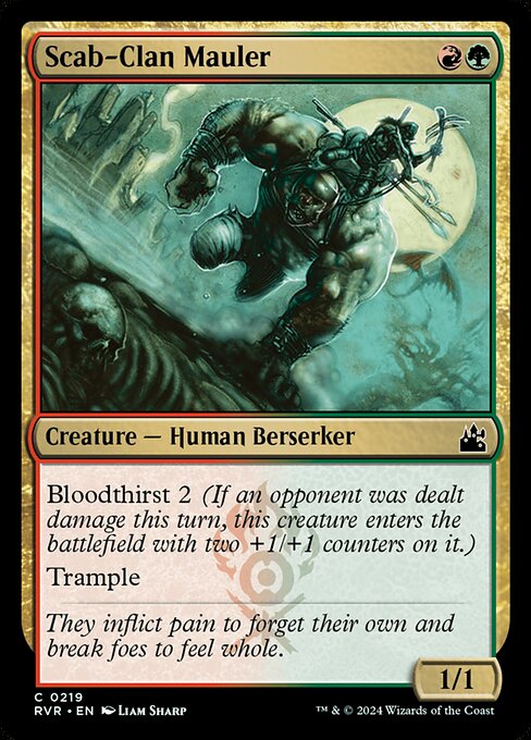 Bloodthirst 2 (If an opponent was dealt damage this turn, this creature enters the battlefield with two +1/+1 counters on it.)
Trample