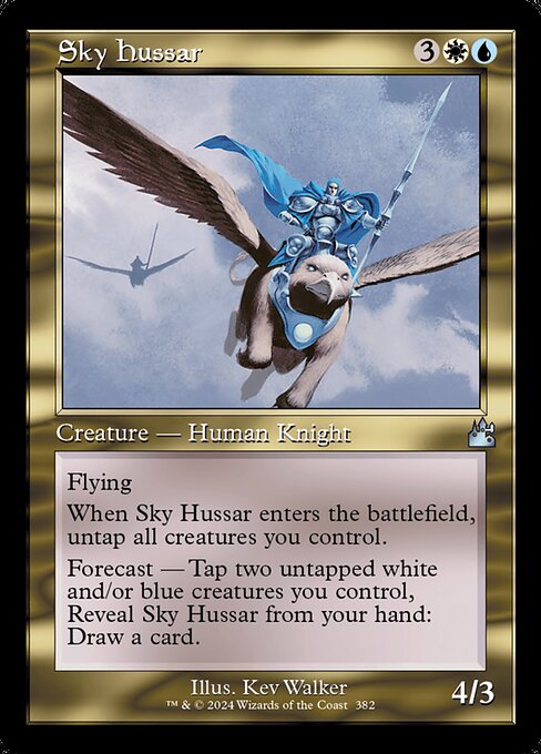 Flying
When Sky Hussar enters the battlefield, untap all creatures you control.
Forecast — Tap two untapped white and/or blue creatures you control, Reveal Sky Hussar from your hand: Draw a card. (Activate only during your upkeep and only once each turn.)