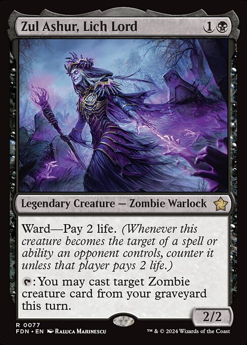 Ward—Pay 2 life. (Whenever this creature becomes the target of a spell or ability an opponent controls, counter it unless that player pays 2 life.)
{T}: You may cast target Zombie creature card from your graveyard this turn.