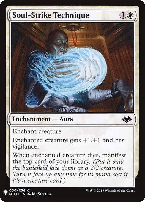 Enchant creature
Enchanted creature gets +1/+1 and has vigilance.
When enchanted creature dies, manifest the top card of your library. (Put it onto the battlefield face down as a 2/2 creature. Turn it face up any time for its mana cost if it's a creature card.)