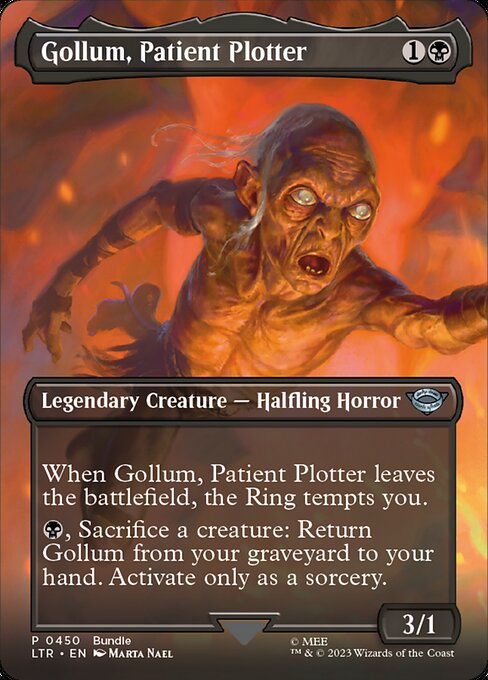 When Gollum, Patient Plotter leaves the battlefield, the Ring tempts you.
{B}, Sacrifice a creature: Return Gollum from your graveyard to your hand. Activate only as a sorcery.